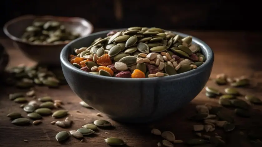 Pumpkin seeds and sunflower seeds on a wooden table for healthy snacking
