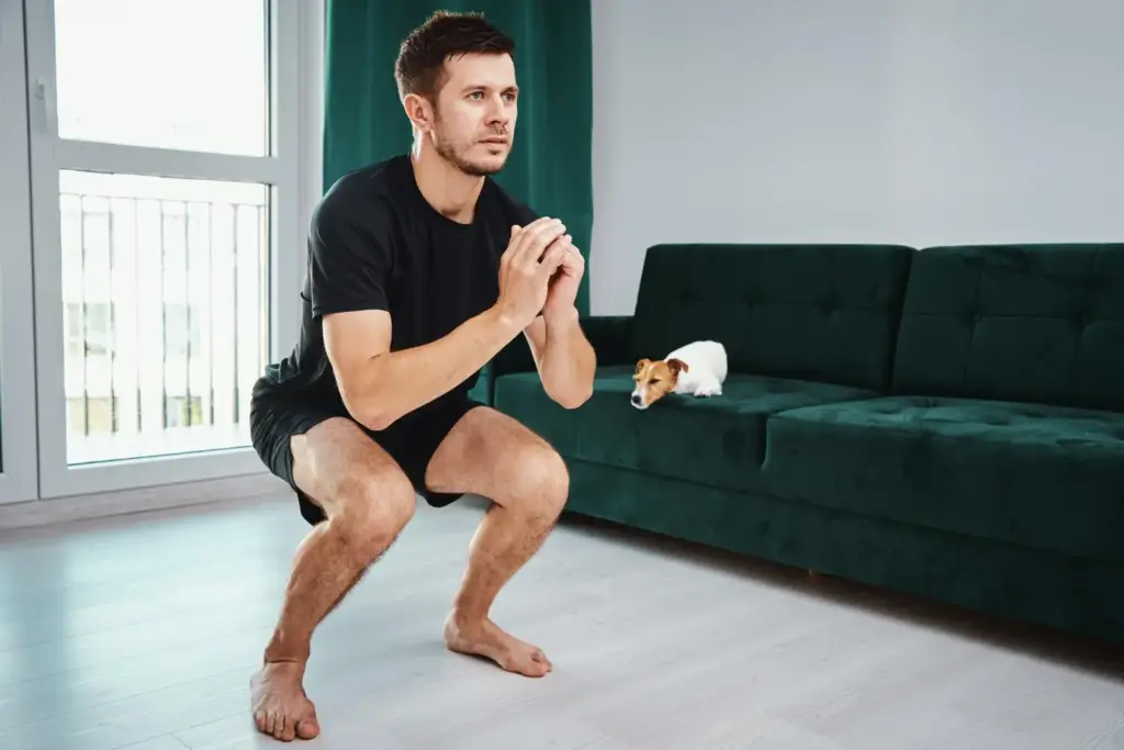 Man doing bodyweight squats as part of leg exercises at home