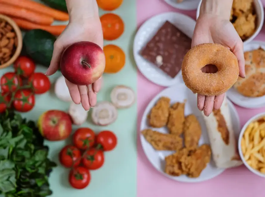 A comparison of healthy carbs (whole grains, fruits, vegetables) and bad carbs (processed foods, sugary snacks).