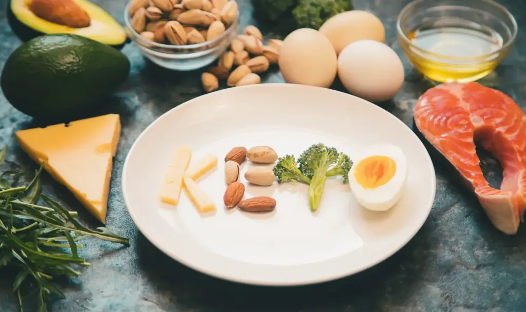 Assortment of keto breakfast including eggs, cheese, nuts, and vegetables
