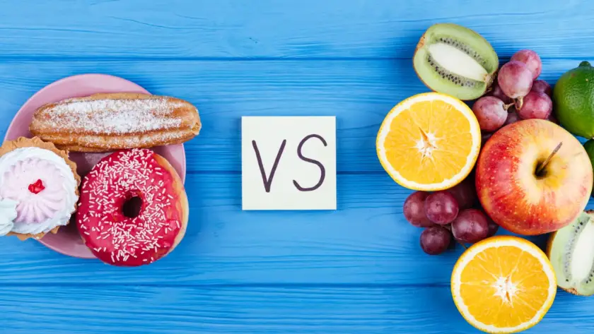 A split image showing healthy carbs like fruits and whole grains on one side, and bad carbs like sugary snacks and white bread on the other side.