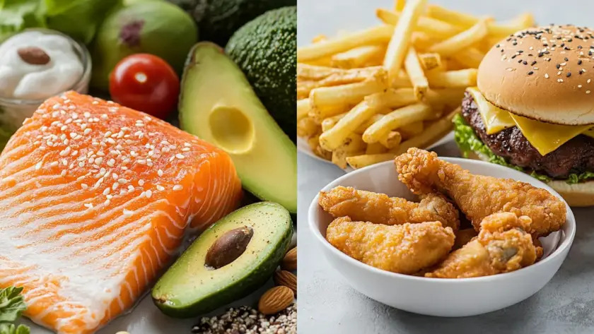 Comparison chart showing benefits of healthy fats versus risks of unhealthy fats