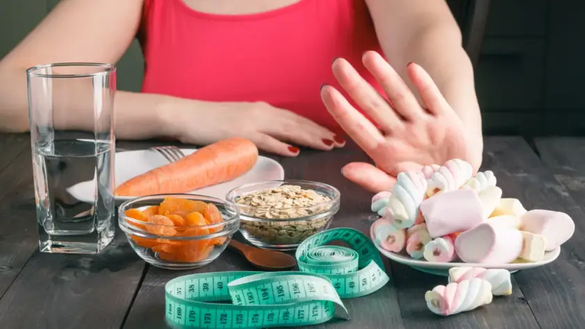 Healthy meals, water, and exercise icons representing simple tricks to create a calorie deficit for weight loss without starving